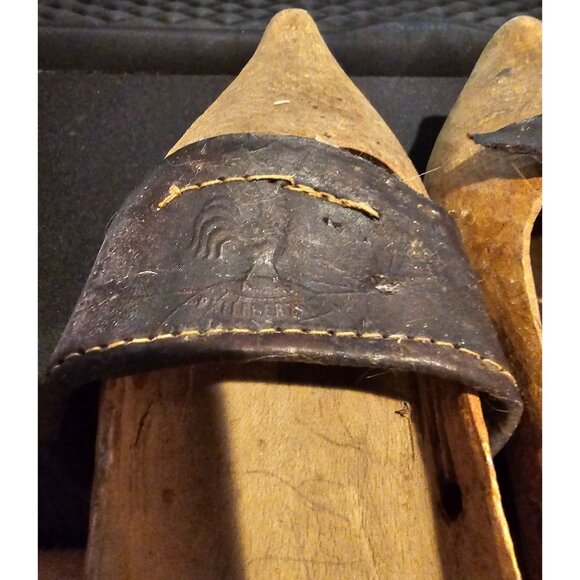 Vintage Dutch Wooden Clogs Leather Strap Embossed Rooster Design Handcarved - Picture 8 of 11